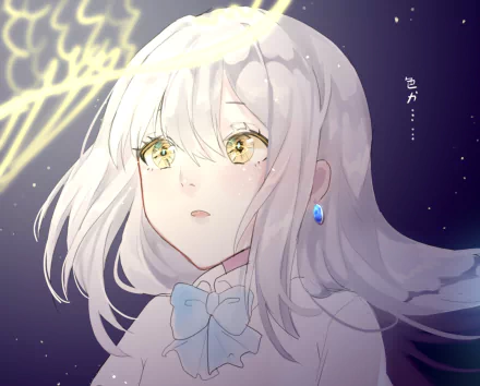 HD anime desktop wallpaper featuring Hitomi Tsukishiro from Iroduku: The World in Colors, with glowing golden eyes and flowing white hair against a dark starry background.