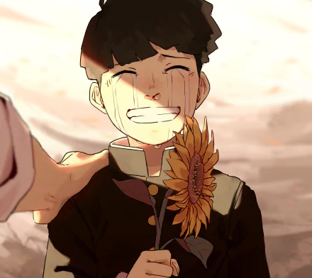 Shigeo Kageyama from Mob Psycho 100, tears streaming as he smiles, holding a sunflower against a warm, glowing background in this 4K Ultra HD anime desktop wallpaper.