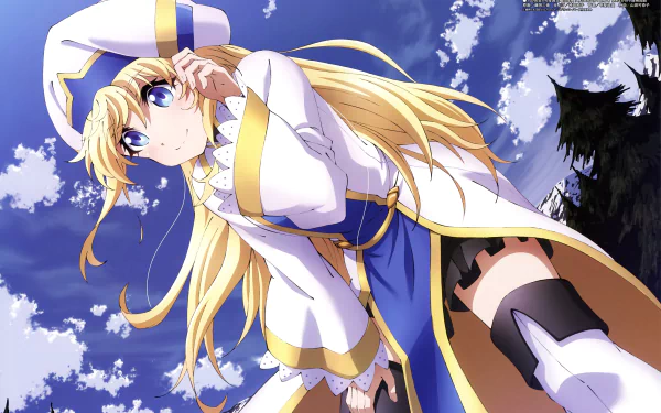 HD desktop wallpaper featuring the blonde, blue-eyed Priestess from Goblin Slayer, an anime series. She has long hair and is dressed in her signature white and blue outfit, against a backdrop of a blue, cloudy sky.