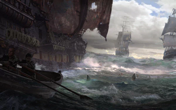 A fantasy HD wallpaper depicting an intense ocean scene with weathered ships sailing in rough waters, offering a captivating and adventurous background.