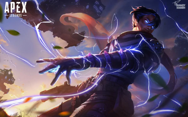 HD desktop wallpaper featuring Wraith from the video game Apex Legends, showcasing her in a dynamic pose with electricity emanating from her hands against a dramatic, action-filled background.