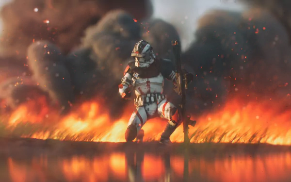 HD desktop wallpaper of a Star Wars clone trooper in a dramatic Sci-Fi scene, kneeling with a weapon in hand against a backdrop of fire and smoke.