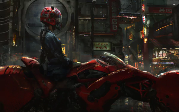 HD wallpaper featuring a biker on a futuristic red motorcycle in a cyberpunk cityscape, illuminated by neon signs.