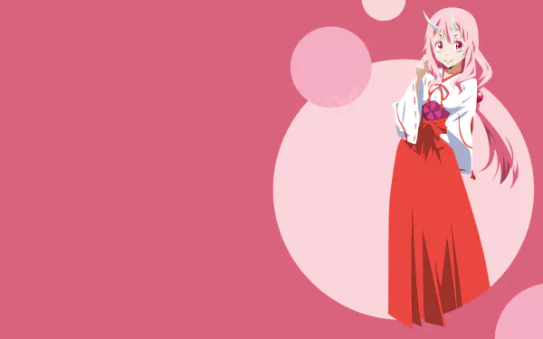 A minimalist HD desktop wallpaper featuring Shuna from Tensei Shitara Slime Datta Ken (That Time I Got Reincarnated as a Slime), set against a pink background with circular accents.