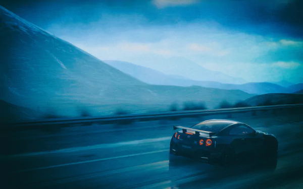 Nissan GT-R racing through misty mountains in a dynamic scene from the Driveclub video game, showcased as a 4K Ultra HD PC desktop wallpaper.
