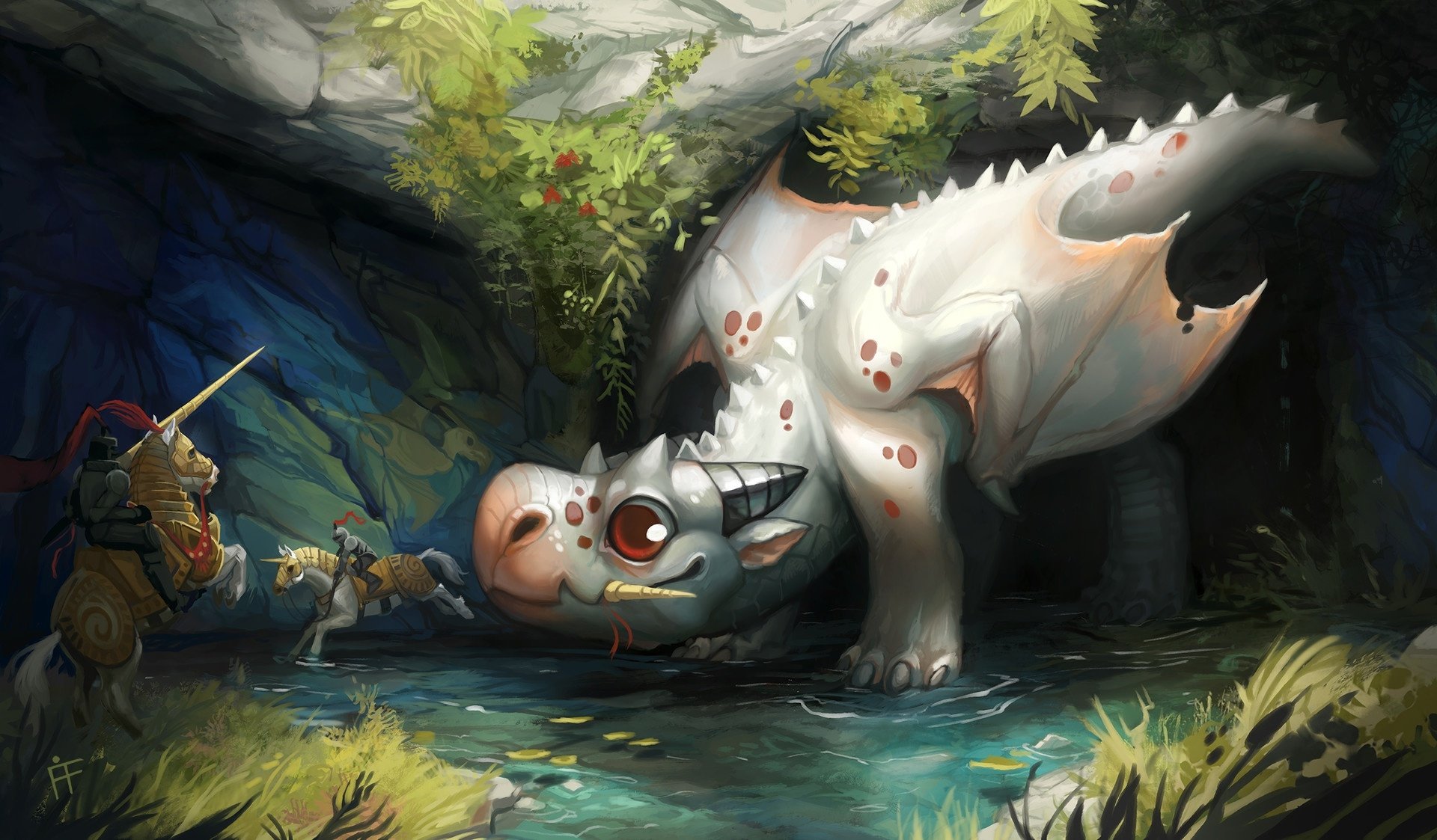 A fantasy warrior knight on horseback encounters a large, white dragon in a lush, shaded cave, captured in this HD PC desktop wallpaper and background.