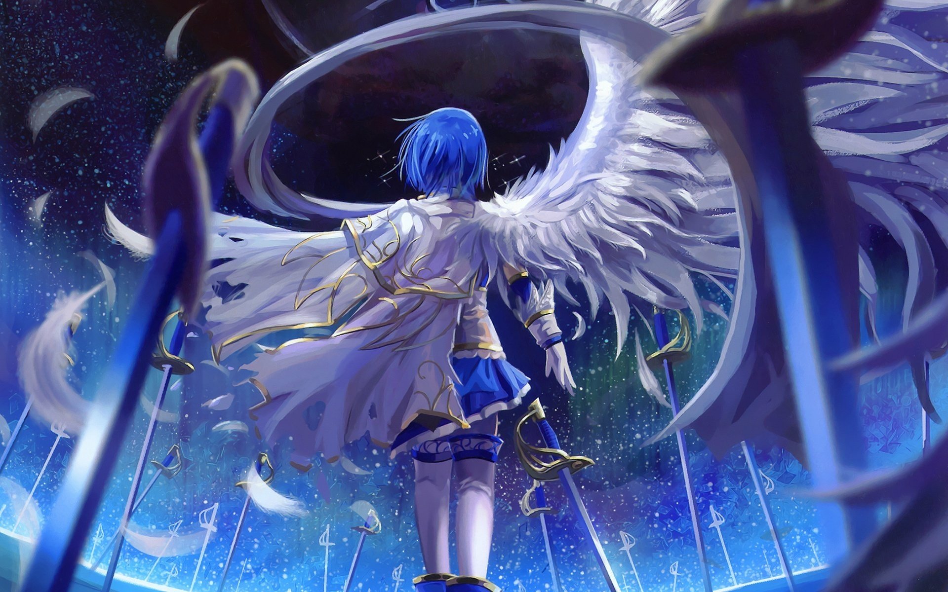 HD wallpaper of Sayaka Miki from Puella Magi Madoka Magica, with a dynamic and ethereal background of feathers and swords, showcasing her blue hair and angelic wings.