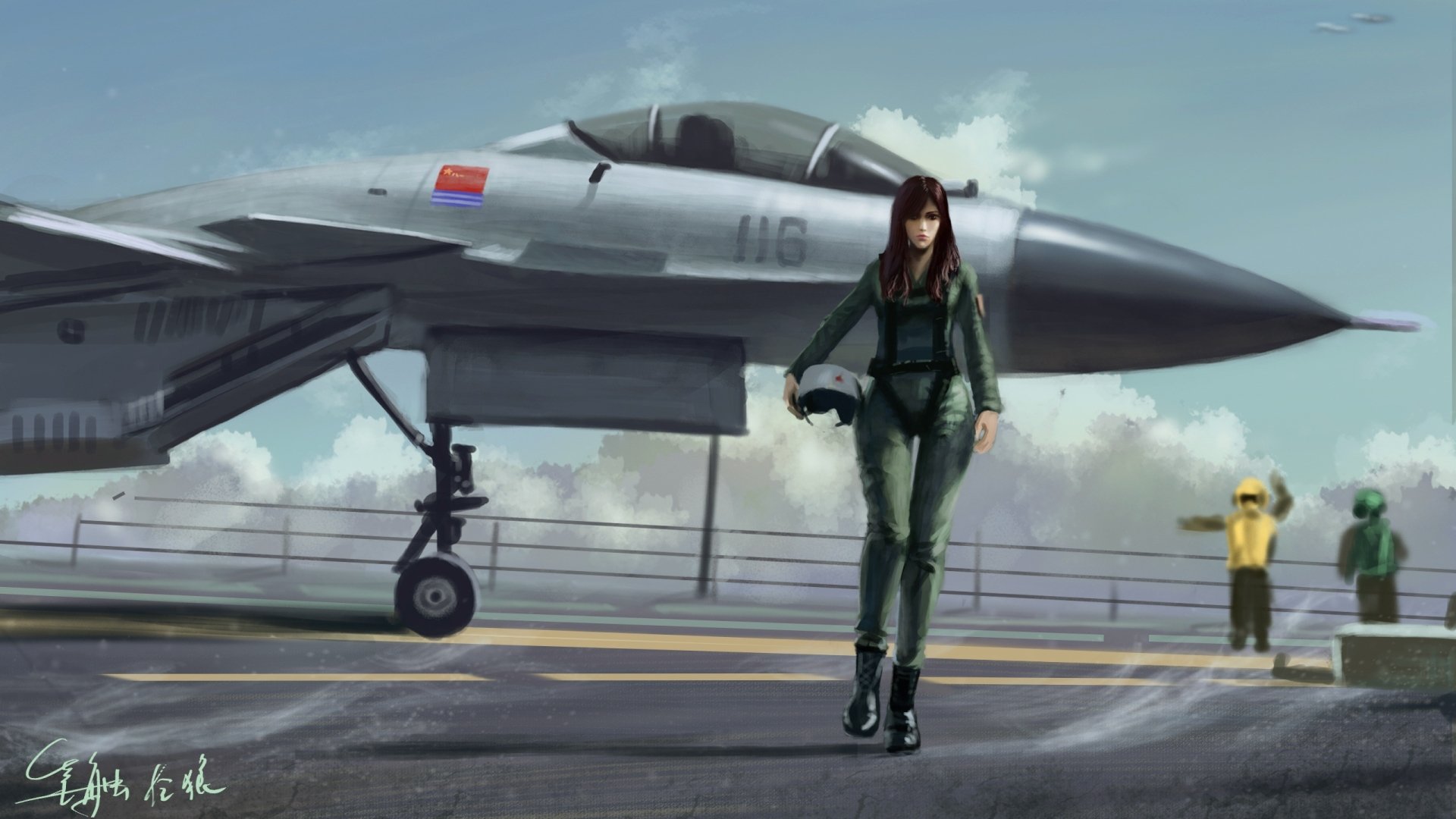 Artistic military 2K Quad HD PC desktop wallpaper showing a female pilot in a flight suit walking past a parked fighter jet on an aircraft carrier deck.