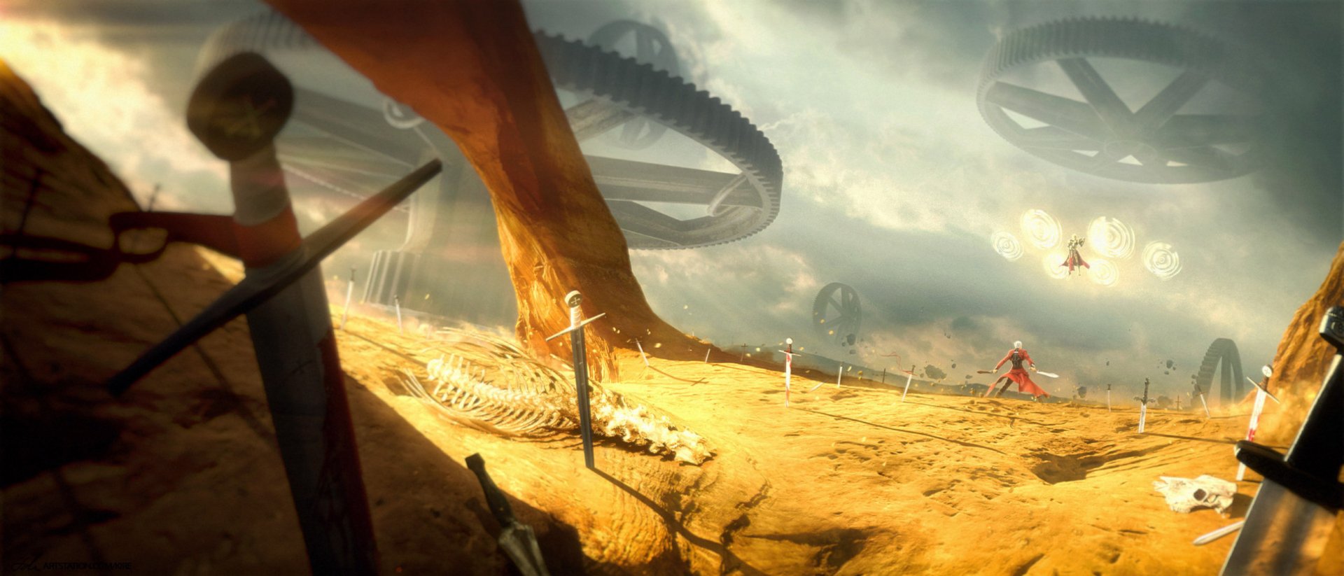 HD desktop wallpaper from Fate/Stay Night: Unlimited Blade Works featuring the characters EMIYA and Gilgamesh in a dramatic, fantasy battlefield setting with ethereal gears and ruins.