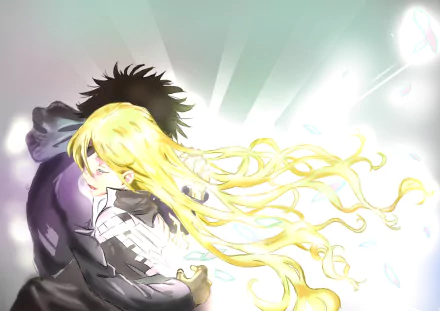 HD PC desktop wallpaper of Othinus and Kamijou Touma from A Certain Magical Index: they embrace as Othinus's long golden hair streams in radiant light over an ethereal anime background.