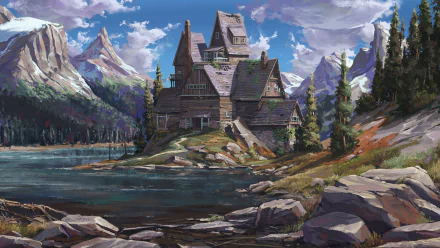 HD wallpaper of a fantasy house with a towering peak in the background, nestled by a serene lake and surrounded by majestic mountains under a vivid blue sky with scattered clouds.