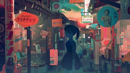 HD anime wallpaper featuring a young woman standing alone in a vibrant, detailed cityscape with traditional Japanese signs and shopfronts.
