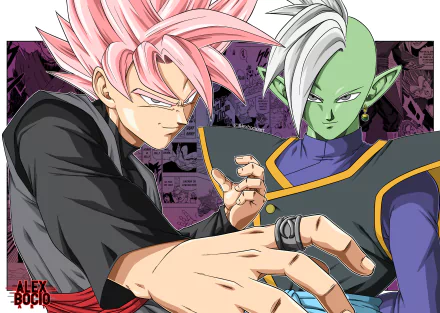 Super Saiyan Rosé Black Goku and Zamasu (Dragon Ball) pose side-by-side in an anime 2K Quad HD PC desktop wallpaper/background from Dragon Ball Super.