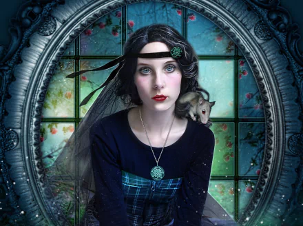Fantasy HD PC desktop wallpaper of a pale, dark-haired woman in a sheer veil and pendant, a small rat perched on her shoulder, set against an ornate, floral-stained glass window frame.
