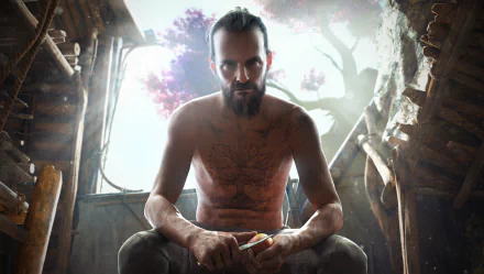 High-resolution 8K Ultra HD PC wallpaper featuring a shirtless male character from the video game Far Cry New Dawn, sitting in a rustic, sunlit setting.