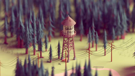 4K Ultra HD Gravity Falls TV show wallpaper featuring a detailed water tower surrounded by pine trees and power lines in a stylized forest setting.