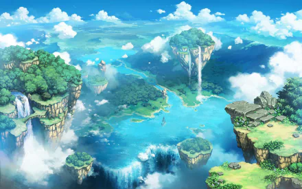 A stunning HD fantasy landscape wallpaper featuring majestic waterfalls cascading from towering cliffs into a serene, crystal-clear lake surrounded by lush greenery and scattered islands under a bright blue sky.