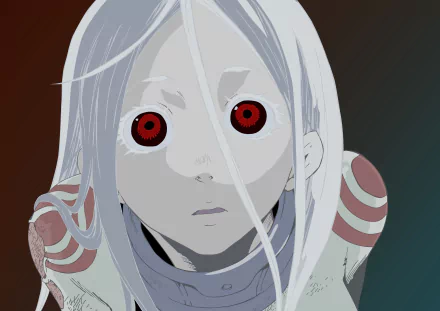 Shiro (Deadman Wonderland) — white-haired girl with red spiral eyes in a stylized anime portrait, 2K Quad HD PC desktop wallpaper/background.