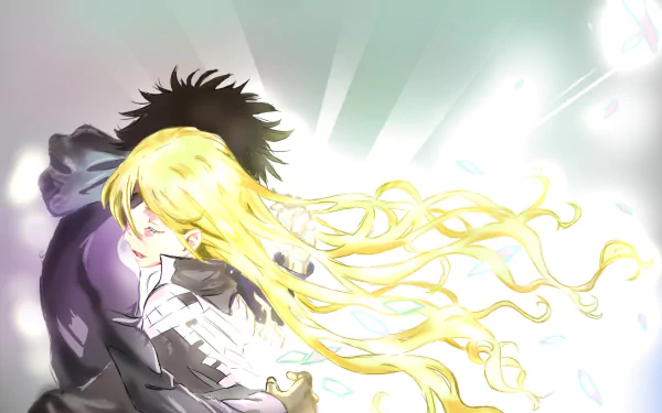 HD PC desktop wallpaper of Othinus and Kamijou Touma from A Certain Magical Index: they embrace as Othinus's long golden hair streams in radiant light over an ethereal anime background.