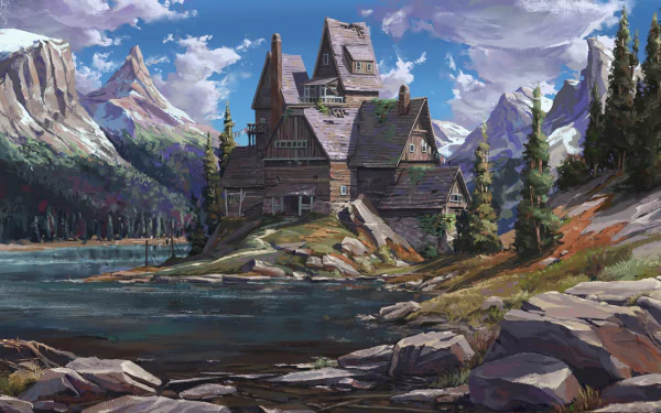 HD wallpaper of a fantasy house with a towering peak in the background, nestled by a serene lake and surrounded by majestic mountains under a vivid blue sky with scattered clouds.