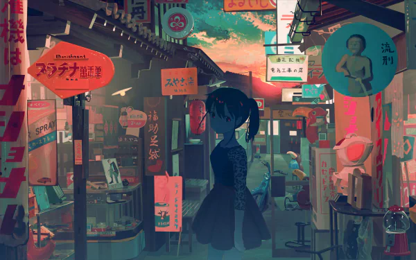 HD anime wallpaper featuring a young woman standing alone in a vibrant, detailed cityscape with traditional Japanese signs and shopfronts.