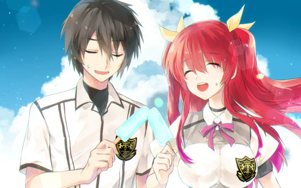 HD PC desktop wallpaper: anime characters Ikki Kurogane and Stella Vermillion from Chivalry of a Failed Knight, smiling together against a bright blue sky.
