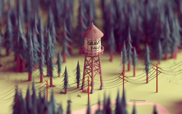 4K Ultra HD Gravity Falls TV show wallpaper featuring a detailed water tower surrounded by pine trees and power lines in a stylized forest setting.