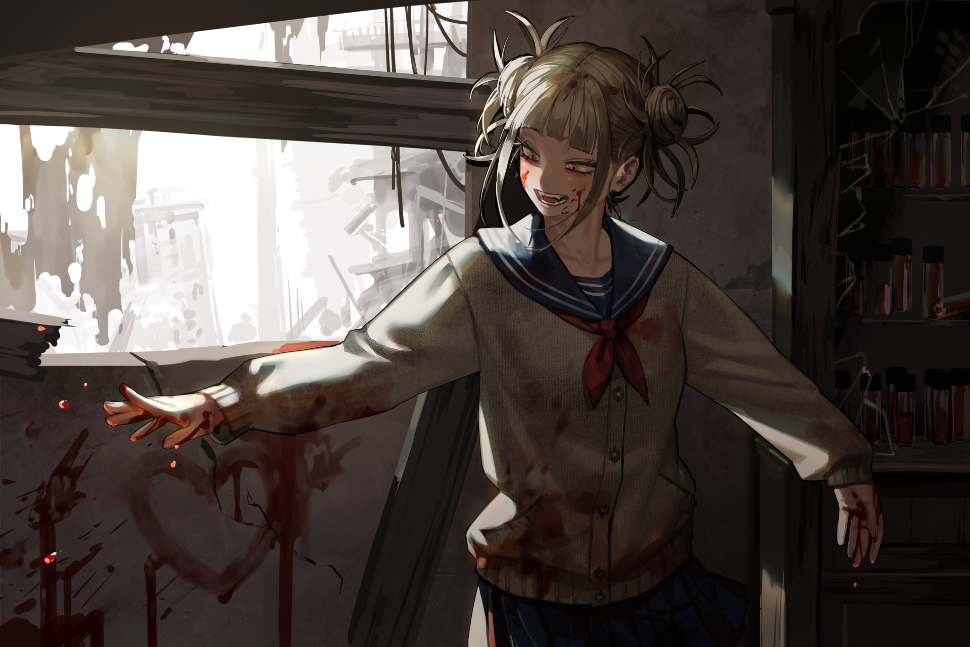 HD desktop wallpaper of Himiko Toga from My Hero Academia, depicted in a dynamic pose with a sinister smile in a destructed setting.