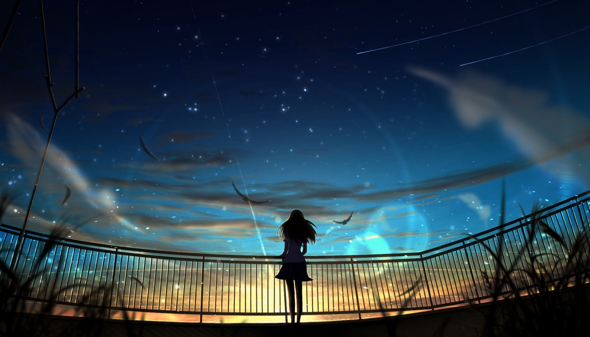 An anime girl stands on a balcony, gazing at a stunning sunset sky filled with stars. The image is an HD wallpaper, blending calming hues of blue, orange, and hints of twilight.