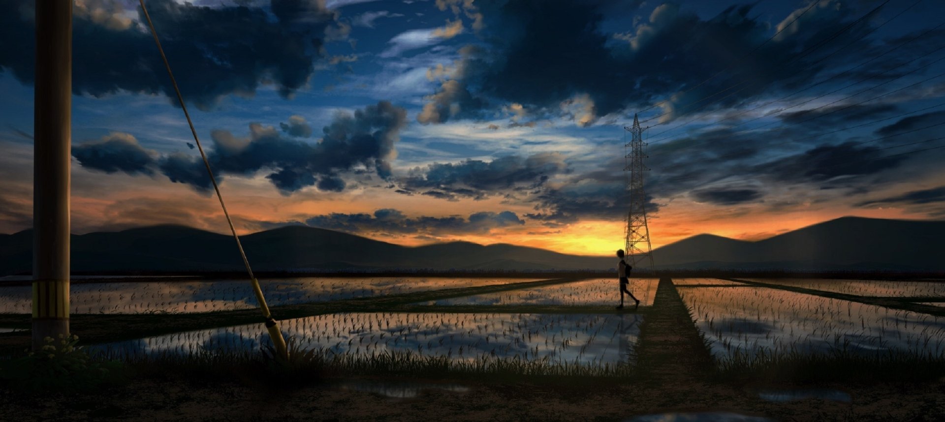 Anime landscape of a tranquil field at sunset with mountains and clouds, rendered in high-definition as a PC desktop wallpaper background.