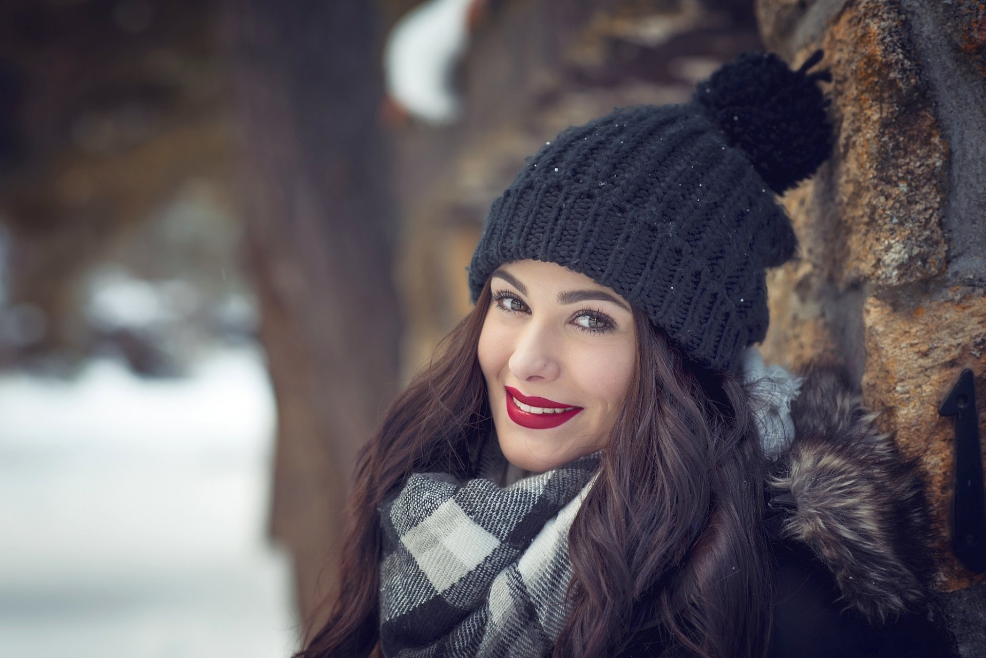 Download Brunette Hat Depth Of Field Lipstick Smile Woman Model HD Wallpaper by Javier Garrido