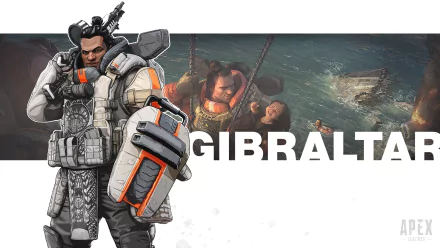 HD PC desktop wallpaper featuring Gibraltar from the video game Apex Legends, showcasing the character with a detailed background and bold text.