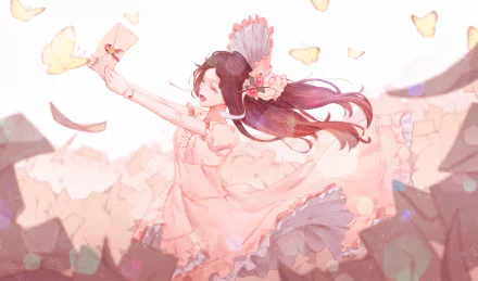Anime-style HD desktop wallpaper featuring a girl with long brown hair, wearing a floral headdress and flowing dress, surrounded by butterflies and tears.