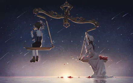 Anime-style HD desktop wallpaper featuring two figures seated on a golden scale at dusk—one with short brown hair and yellow eyes wearing a hat and flowered headdress, the other in white.