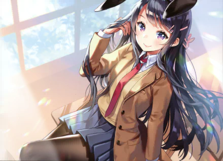 HD wallpaper featuring Mai Sakurajima from Rascal Does Not Dream of Bunny Girl Senpai in a school uniform, with animal ears and purple eyes, smiling in a sunlit room.