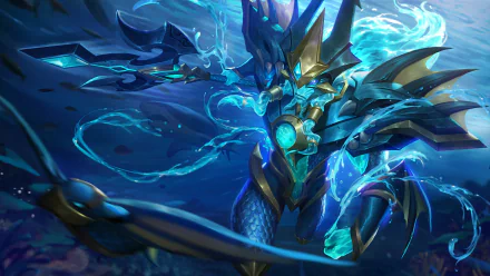HD desktop wallpaper featuring a powerful armored dragon character from the video game Mobile Legends: Bang Bang, set against a dynamic blue and aquatic background.