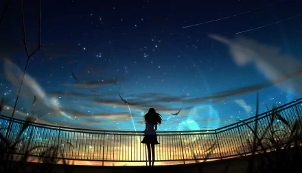 An anime girl stands on a balcony, gazing at a stunning sunset sky filled with stars. The image is an HD wallpaper, blending calming hues of blue, orange, and hints of twilight.