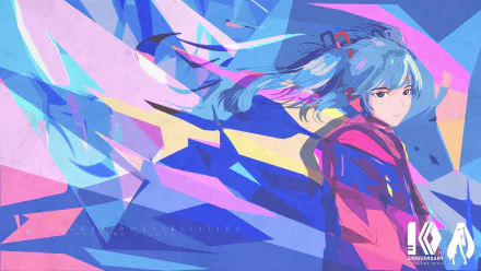 Vibrant 8K Ultra HD anime wallpaper featuring Hatsune Miku from Vocaloid with dynamic, colorful geometric shapes enhancing the energetic composition.