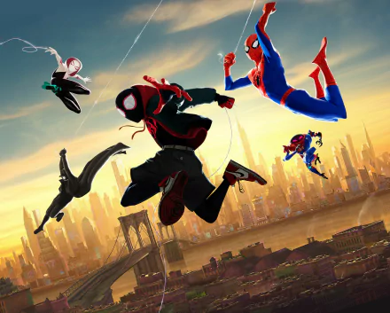 HD wallpaper featuring Spider-Gwen, Spider-Man Noir, Miles Morales, and multiple Spider-Man characters from the movie Spider-Man: Into The Spider-Verse, set against a city skyline background.
