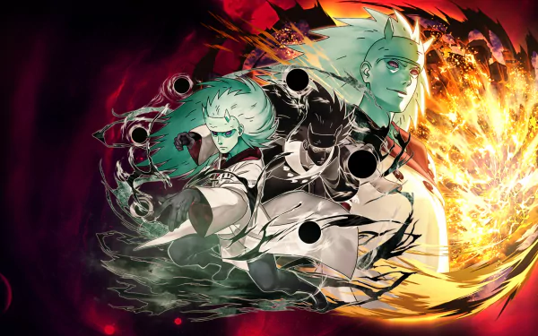 HD desktop wallpaper featuring Sage of Six Paths and Madara Uchiha from the anime Naruto, showcasing vibrant, intense artwork with dynamic, fiery backgrounds.