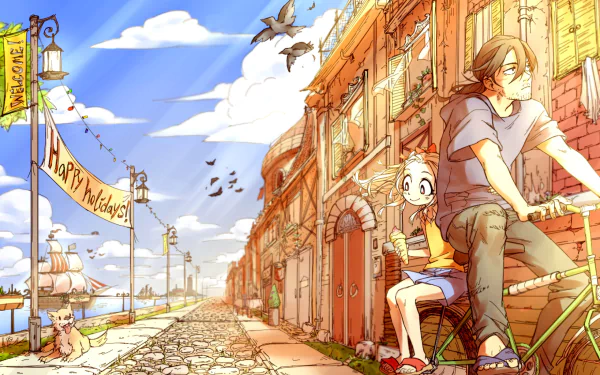 Anime characters Eraserhead (Shouta Aizawa) and Eri from My Hero Academia on a sunny urban street, adorned with festive banners, in a vibrant HD wallpaper background.