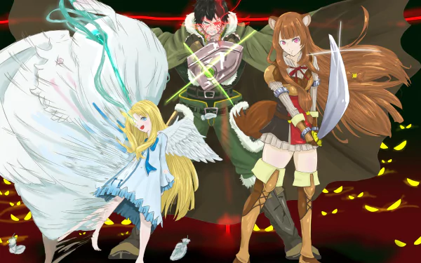HD anime wallpaper featuring Naofumi Iwatani, Raphtalia, and Filo from The Rising of the Shield Hero, with curse shield effects and dynamic action poses.