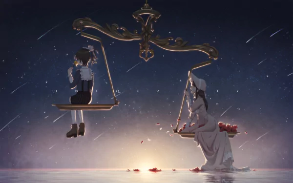 Anime-style HD desktop wallpaper featuring two figures seated on a golden scale at dusk—one with short brown hair and yellow eyes wearing a hat and flowered headdress, the other in white.