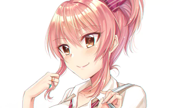 Mika Jougasaki from The iDOLM@STER Cinderella Girls — pink-haired anime idol in a school uniform, smiling and adjusting her collar; 2K Quad HD PC desktop wallpaper/background.