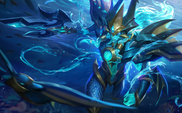 HD desktop wallpaper featuring a powerful armored dragon character from the video game Mobile Legends: Bang Bang, set against a dynamic blue and aquatic background.
