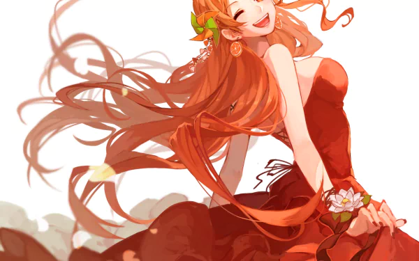 HD anime wallpaper featuring Nami from One Piece with flowing orange hair, a vibrant dress, and a joyful expression, designed for PC desktop backgrounds.