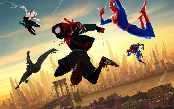 HD wallpaper featuring Spider-Gwen, Spider-Man Noir, Miles Morales, and multiple Spider-Man characters from the movie Spider-Man: Into The Spider-Verse, set against a city skyline background.