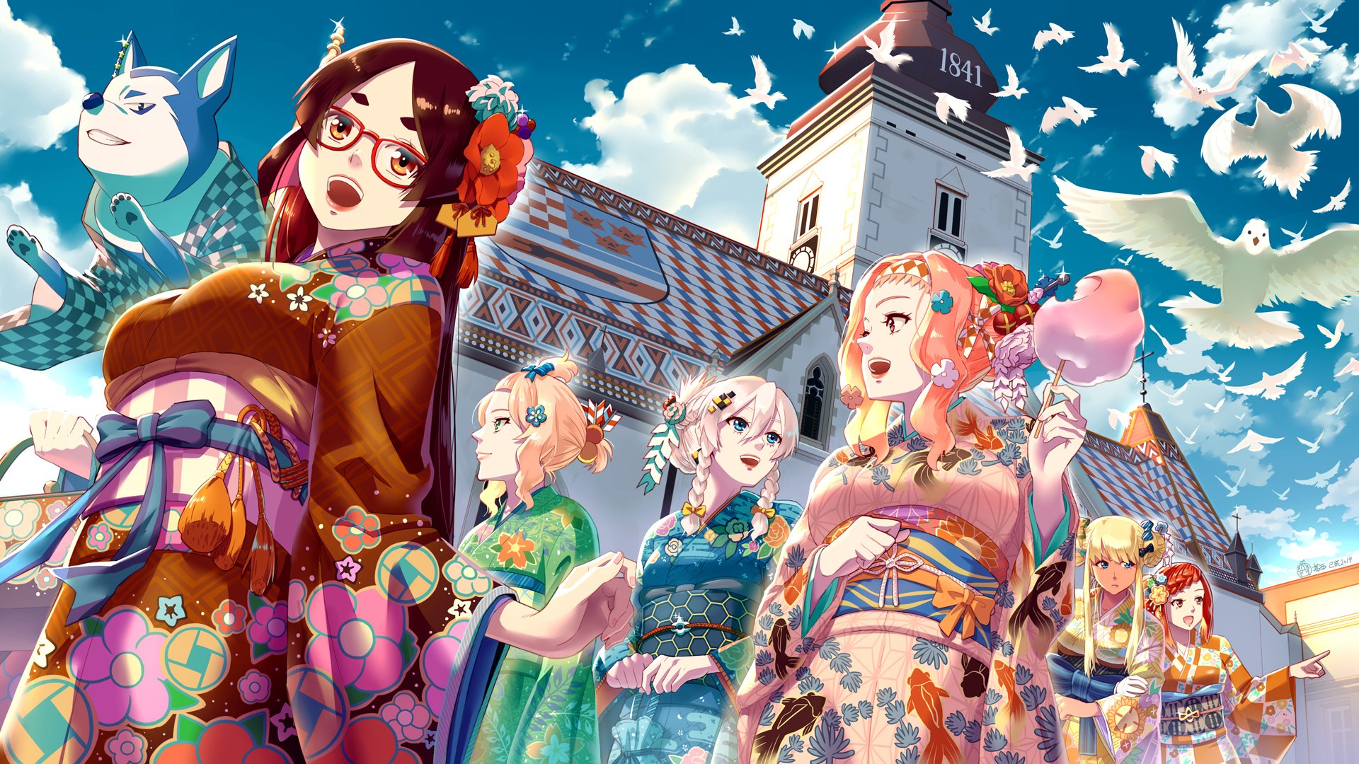 Anime-style HD PC desktop wallpaper featuring original characters wearing colorful kimonos in front of a traditional building under a bright blue sky with white birds.