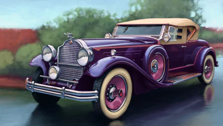 HD desktop wallpaper featuring a classic purple Packard vehicle with whitewall tires and a tan convertible top against a blurred natural background.