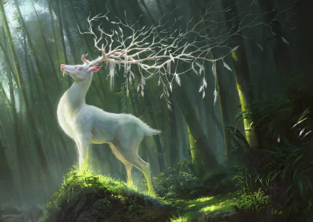 A white deer with intricate, branch-like antlers stands gracefully on a mossy mound in a dense bamboo forest, glowing softly in this fantasy HD desktop wallpaper.